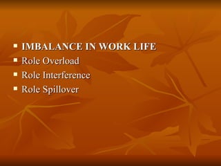 IMBALANCE IN WORK LIFE Role Overload Role Interference Role Spillover 