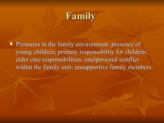 Family  Pressures in the family environment: presence of young children; primary responsibility for children; elder care responsibilities; interpersonal conflict within the family unit; unsupportive family members. 