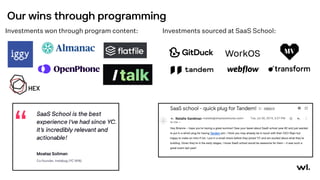 Investments sourced at SaaS School:
Investments won through program content:
Our wins through programming
 