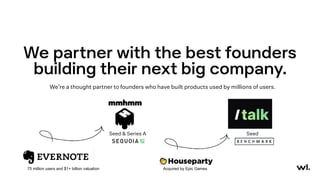 We partner with the best founders
building their next big company.
We’re a thought partner to founders who have built products used by millions of users.
75 million users and $1+ billion valuation Acquired by Epic Games
Seed & Series A Seed
 