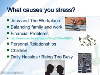 What causes you stress? <ul><li>Jobs and The Workplace  </li></ul><ul><li>Balancing family and work  </li></ul><ul><li>Fin...