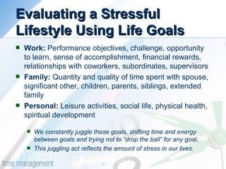 Evaluating a Stressful Lifestyle Using Life Goals <ul><li>Work:  Performance objectives, challenge, opportunity to learn, ...