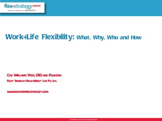 Work+Life Flexibilit y:                 What , Why, Who and How




Cai W l ms Y , CE a F
  l ilia ost O nd ounder
Fex+ StaegyGoup/ or L F , Inc.
 l r t r W k+ ife it

w w exst aegygr
 w .fl r t oup.com




                                 Co y ig t 0 2b Ca i W l m Y s
                                   p r h 2 1 y l il ia s o t
 