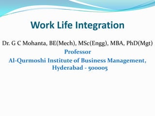 Work Life Integration
Dr. G C Mohanta, BE(Mech), MSc(Engg), MBA, PhD(Mgt)
Professor
Al-Qurmoshi Institute of Business Management,
Hyderabad - 500005
 