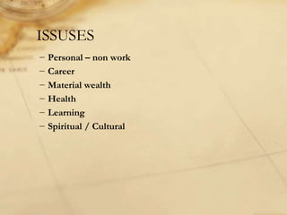 ISSUSES
− Personal – non work
− Career
− Material wealth
− Health
− Learning
− Spiritual / Cultural
 