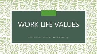 WORK LIFE VALUES
Find a Good Work/Career Fit – Manifest & Identify
 