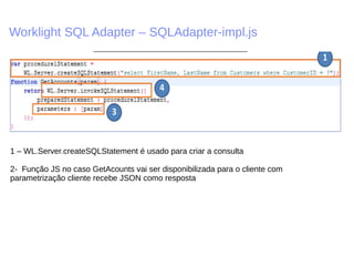 Worklight SQL Adapter – SQLAdapter-impl.js
1 – WL.Server.createSQLStatement é usado para criar a consulta
2- Função JS no caso GetAcounts vai ser disponibilizada para o cliente com
parametrização cliente recebe JSON como resposta
 