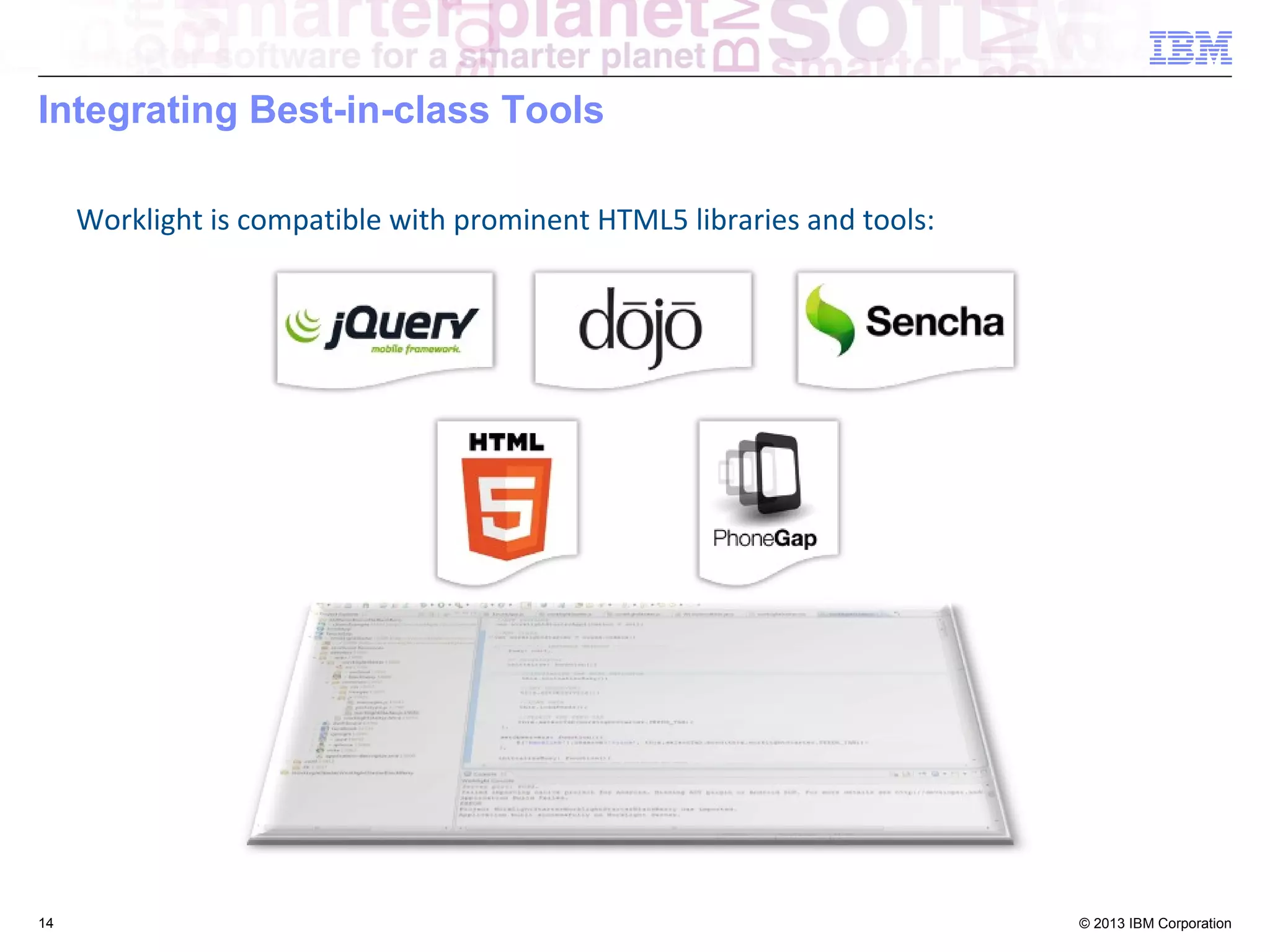 Integrating Best-in-class Tools
Worklight is compatible with prominent HTML5 libraries and tools:

14

© 2013 IBM Corporation

 
