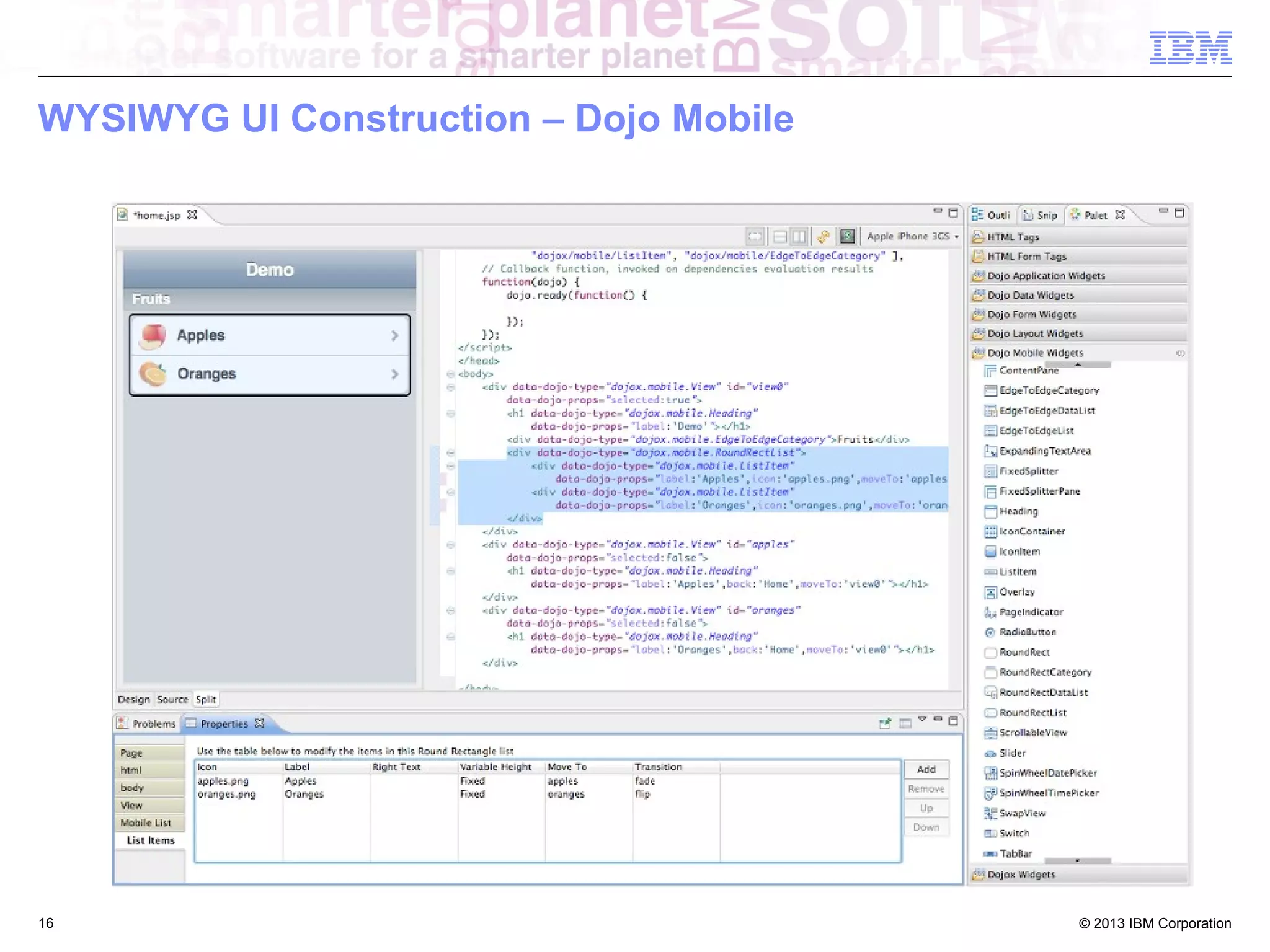 WYSIWYG UI Construction – Dojo Mobile

16

© 2013 IBM Corporation

 
