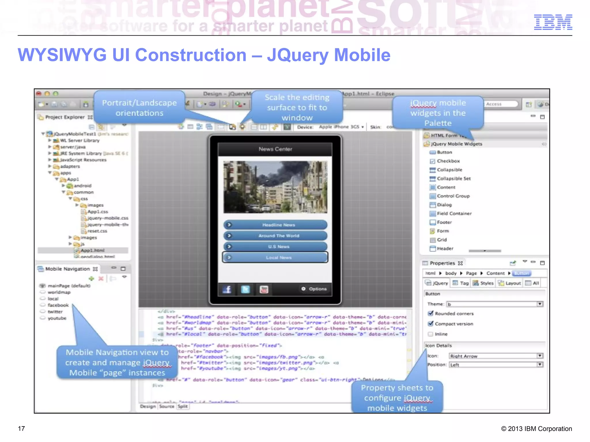 WYSIWYG UI Construction – JQuery Mobile

17

© 2013 IBM Corporation

 