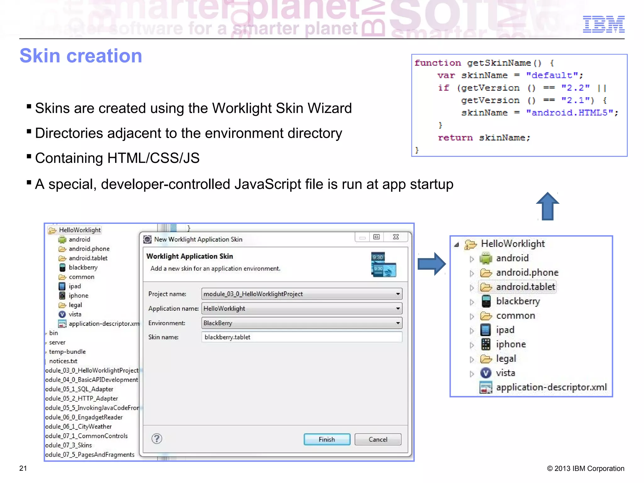 Skin creation
 Skins are created using the Worklight Skin Wizard
 Directories adjacent to the environment directory
 Containing HTML/CSS/JS
 A special, developer-controlled JavaScript file is run at app startup

21

© 2013 IBM Corporation

 