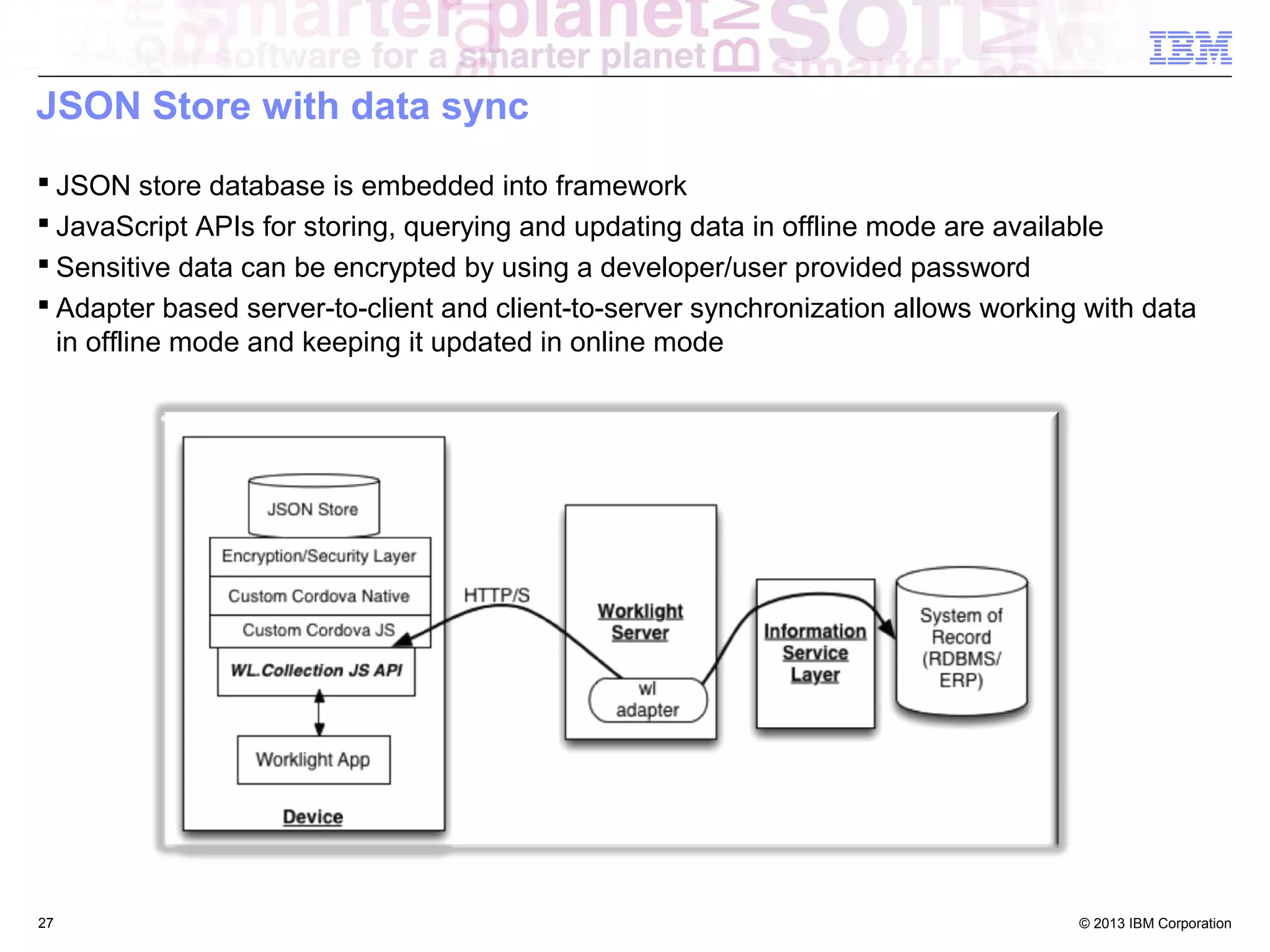 JSON Store with data sync
 JSON store database is embedded into framework
 JavaScript APIs for storing, querying and updating data in offline mode are available
 Sensitive data can be encrypted by using a developer/user provided password
 Adapter based server-to-client and client-to-server synchronization allows working with data
in offline mode and keeping it updated in online mode

27

© 2013 IBM Corporation

 