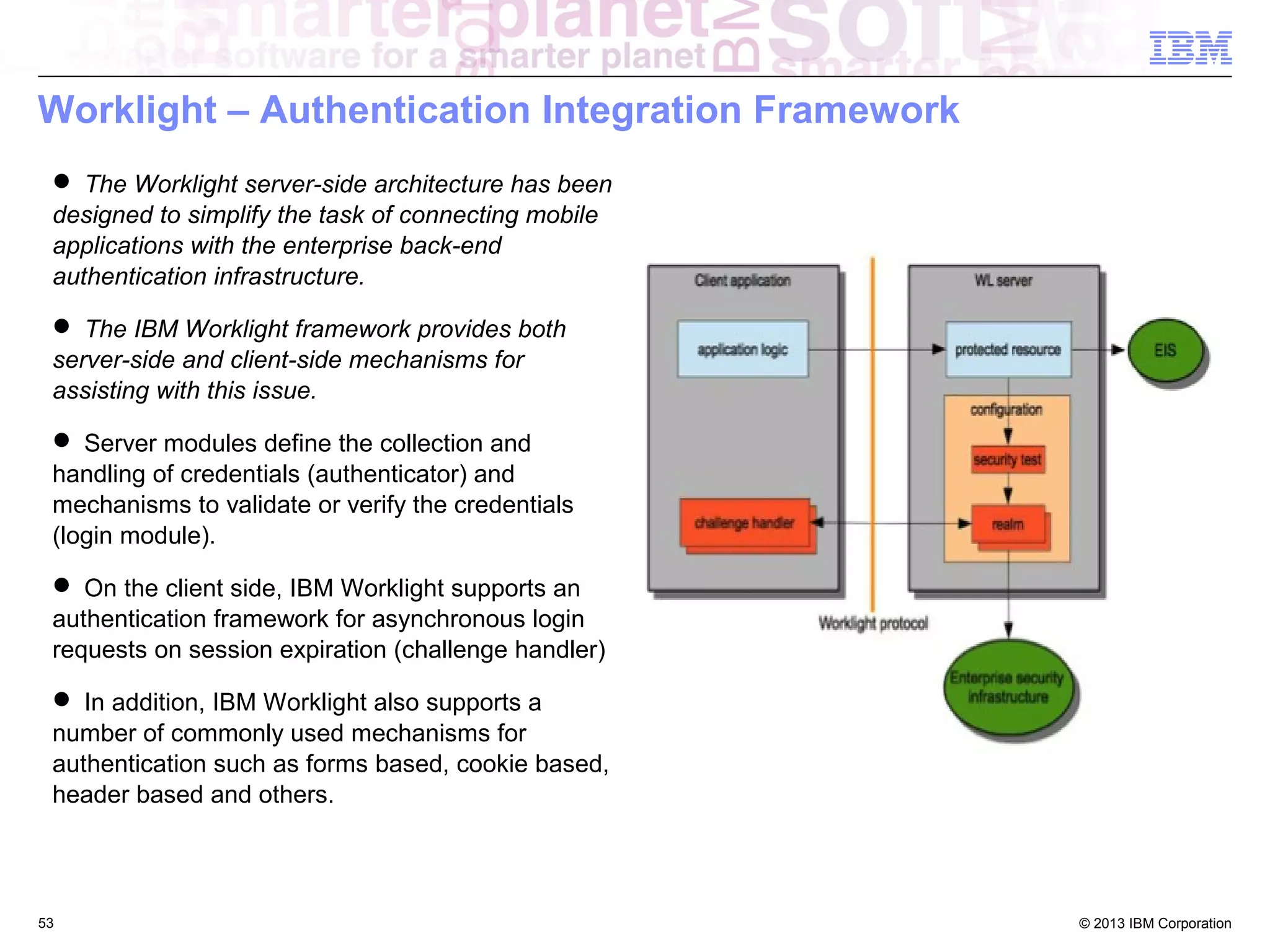 Worklight – Authentication Integration Framework
 The Worklight server-side architecture has been
designed to simplify the task of connecting mobile
applications with the enterprise back-end
authentication infrastructure.
 The IBM Worklight framework provides both
server-side and client-side mechanisms for
assisting with this issue.
 Server modules define the collection and
handling of credentials (authenticator) and
mechanisms to validate or verify the credentials
(login module).
 On the client side, IBM Worklight supports an
authentication framework for asynchronous login
requests on session expiration (challenge handler)
 In addition, IBM Worklight also supports a
number of commonly used mechanisms for
authentication such as forms based, cookie based,
header based and others.

53

© 2013 IBM Corporation

 