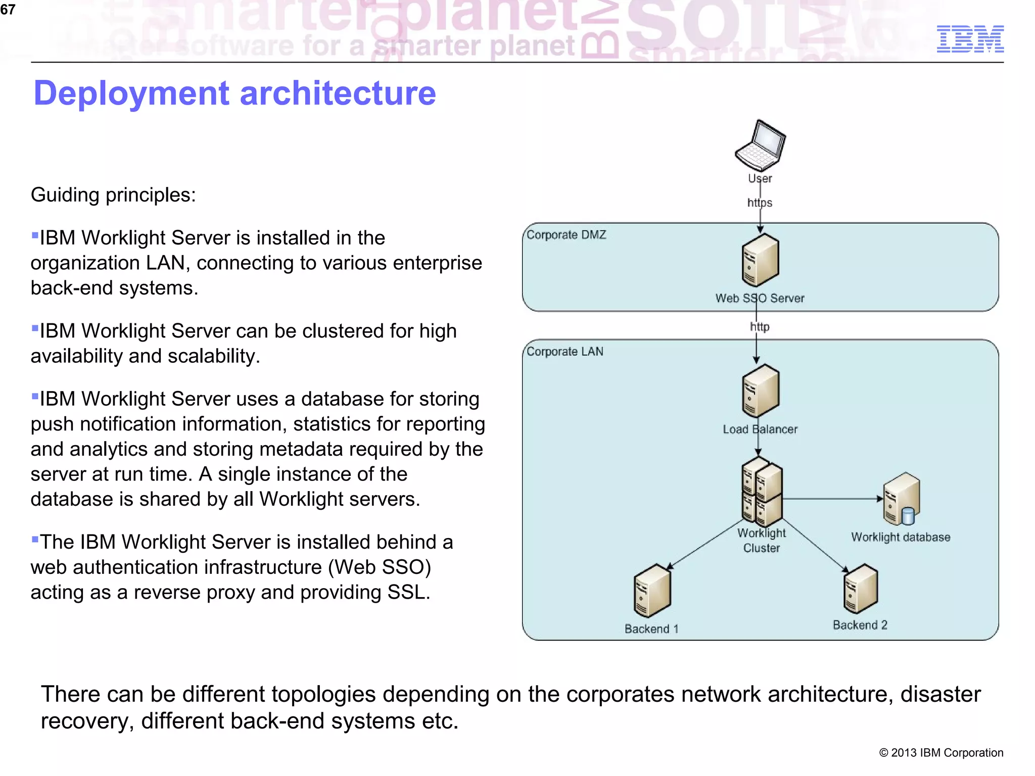 67

Deployment architecture
Guiding principles:
IBM Worklight Server is installed in the
organization LAN, connecting to various enterprise
back-end systems.
IBM Worklight Server can be clustered for high
availability and scalability.
IBM Worklight Server uses a database for storing
push notification information, statistics for reporting
and analytics and storing metadata required by the
server at run time. A single instance of the
database is shared by all Worklight servers.
The IBM Worklight Server is installed behind a
web authentication infrastructure (Web SSO)
acting as a reverse proxy and providing SSL.

There can be different topologies depending on the corporates network architecture, disaster
recovery, different back-end systems etc.
© 2013 IBM Corporation

 