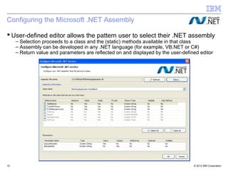 Configuring the Microsoft .NET Assembly

 User-defined editor allows the pattern user to select their .NET assembly
     – Selection proceeds to a class and the (static) methods available in that class
     – Assembly can be developed in any .NET language (for example, VB.NET or C#)
     – Return value and parameters are reflected on and displayed by the user-defined editor




15                                                                                 © 2012 IBM Corporation
 