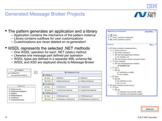 Generated Message Broker Projects


 The pattern generates an application and a library
     – Application contains the mechanics of the pattern instance
     – Library contains subflows for user customizations
     – Customizations are never deleted on re-generation!

 WSDL represents the selected .NET methods
     –   One WSDL operation for each .NET (static) method
     –   Likewise one message part defined per operation
     –   WSDL types are defined in a separate XML schema file
     –   WSDL and XSD are deployed directly to Message Broker




16                                                                  © 2012 IBM Corporation
 