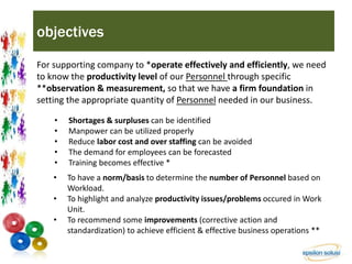 objectives 
For supporting company to *operate effectively and efficiently, we need 
to know the productivity level of our Personnel through specific 
**observation & measurement, so that we have a firm foundation in 
setting the appropriate quantity of Personnel needed in our business. 
• Shortages & surpluses can be identified 
• Manpower can be utilized properly 
• Reduce labor cost and over staffing can be avoided 
• The demand for employees can be forecasted 
• Training becomes effective * 
• To have a norm/basis to determine the number of Personnel based on 
Workload. 
• To highlight and analyze productivity issues/problems occured in Work 
Unit. 
• To recommend some improvements (corrective action and 
standardization) to achieve efficient & effective business operations ** 
 
