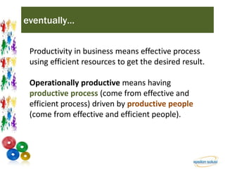 eventually… 
Productivity in business means effective process 
using efficient resources to get the desired result. 
Operationally productive means having 
productive process (come from effective and 
efficient process) driven by productive people 
(come from effective and efficient people). 
 