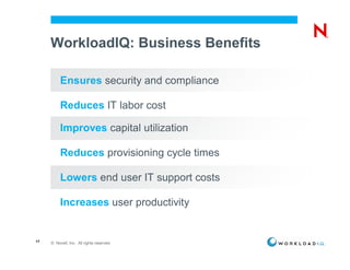 WorkloadIQ: Business Benefits

          Ensures security and compliance

          Reduces IT labor cost

          Improves capital utilization

          Reduces provisioning cycle times

          Lowers end user IT support costs

          Increases user productivity


17   © Novell, Inc. All rights reserved.
 
