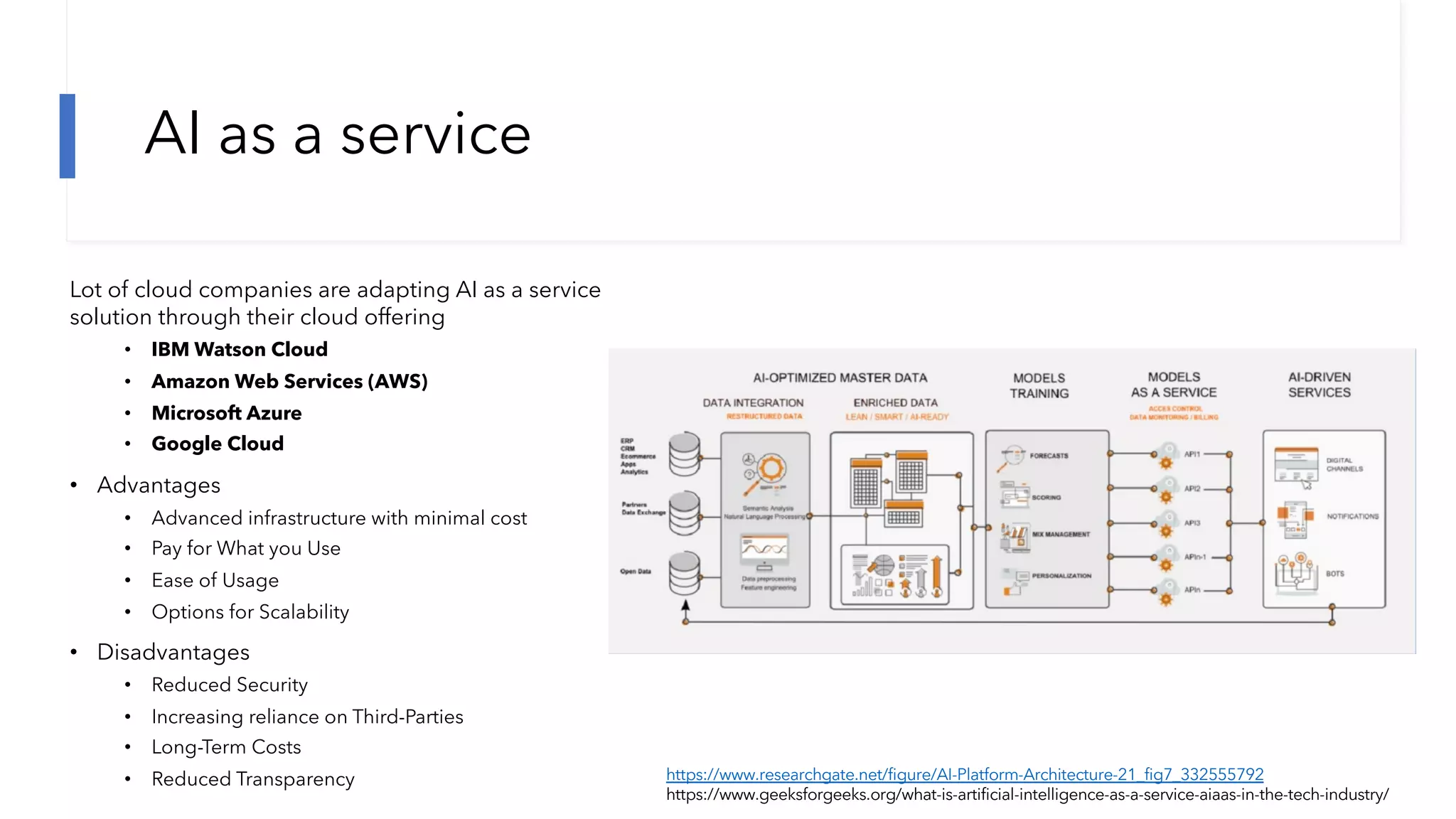 AI as a service
Lot of cloud companies are adapting AI as a service
solution through their cloud offering
• IBM Watson Cloud
• Amazon Web Services (AWS)
• Microsoft Azure
• Google Cloud
• Advantages
• Advanced infrastructure with minimal cost
• Pay for What you Use
• Ease of Usage
• Options for Scalability
• Disadvantages
• Reduced Security
• Increasing reliance on Third-Parties
• Long-Term Costs
• Reduced Transparency https://www.researchgate.net/figure/AI-Platform-Architecture-21_fig7_332555792
https://www.geeksforgeeks.org/what-is-artificial-intelligence-as-a-service-aiaas-in-the-tech-industry/
 
