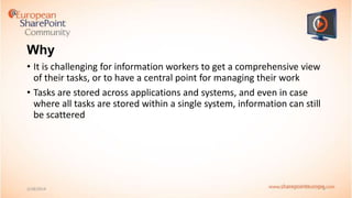 Why
• It is challenging for information workers to get a comprehensive view
of their tasks, or to have a central point for managing their work
• Tasks are stored across applications and systems, and even in case
where all tasks are stored within a single system, information can still
be scattered

2/18/2014

4

 