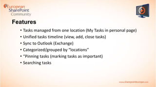 Features
• Tasks managed from one location (My Tasks in personal page)
• Unified tasks timeline (view, add, close tasks)
• Sync to Outlook (Exchange)
• Categorized/grouped by “locations”
• “Pinning tasks (marking tasks as important)
• Searching tasks

 