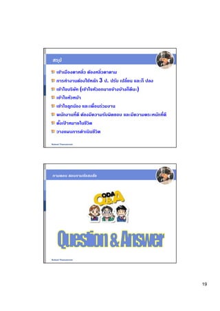 สร ุป
   เข้าเมืองตาหลิว ต้องหลิวตาตาม
   การทํางานต้องใช้หลัก 3 ป. ปรับ เปลียน และก็ ปลง
   เข้าใจบริษท (เข้าใจหัวอกนายจ้างบ้างก็ดีนะ)
              ั
   เข้าใจหัวหน้า
   เข้าใจล ูกน้อง และเพือนร่วมงาน
   พนักงานทีดี ต้องมีความรับผิดชอบ และมีความตระหนักทีดี
   ตังเปาหมายในชีวิต
        ้
   วางแผนการดําเนินชีวิต

Nukool Thanuanram




ถามตอบ สอบถามข้อสงสัย




Nukool Thanuanram




                                                          19
 