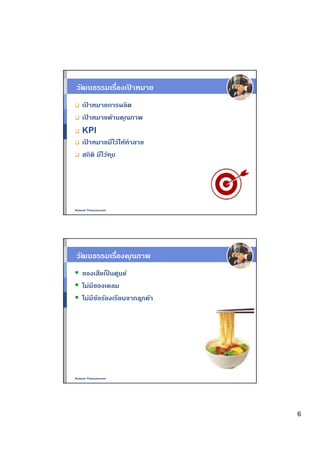 วัฒนธรรมเรืองเปาหมาย
              ้
   เปาหมายการผลิต
    ้
   เปาหมายด้านค ุณภาพ
      ้
   KPI
   เปาหมายมีไว้ให้ทําลาย
    ้
   สถิติ มีไว้ท ุบ




Nukool Thanuanram




วัฒนธรรมเรืองค ุณภาพ
   ของเสียเปนศนย์
             ็ ู
   ไม่มีของเคลม
   ไม่มีขอร้องเรียนจากล ูกค้า
         ้




Nukool Thanuanram




                                6
 