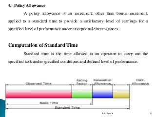 29-10-2017 08:27
4. Policy Allowance
A policy allowance is an increment, other than bonus increment,
applied to a standard time to provide a satisfactory level of earnings for a
specified level of performance under exceptional circumstances.
Computation of Standard Time
Standard time is the time allowed to an operator to carry out the
specified task under specified conditions and defined level of performance.
R.A. Pasale 17
 