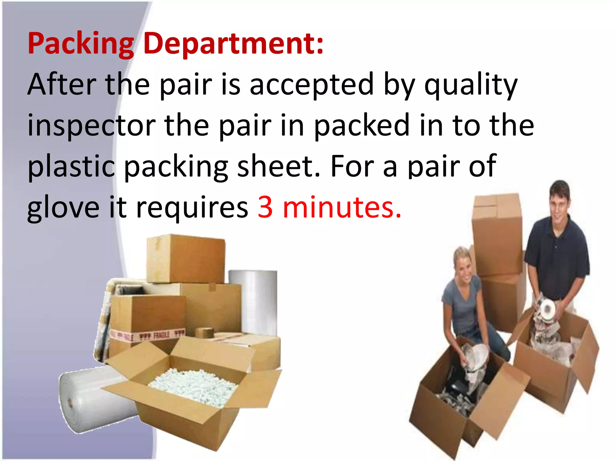 Packing Department:
After the pair is accepted by quality
inspector the pair in packed in to the
plastic packing sheet. For a pair of
glove it requires 3 minutes.
 