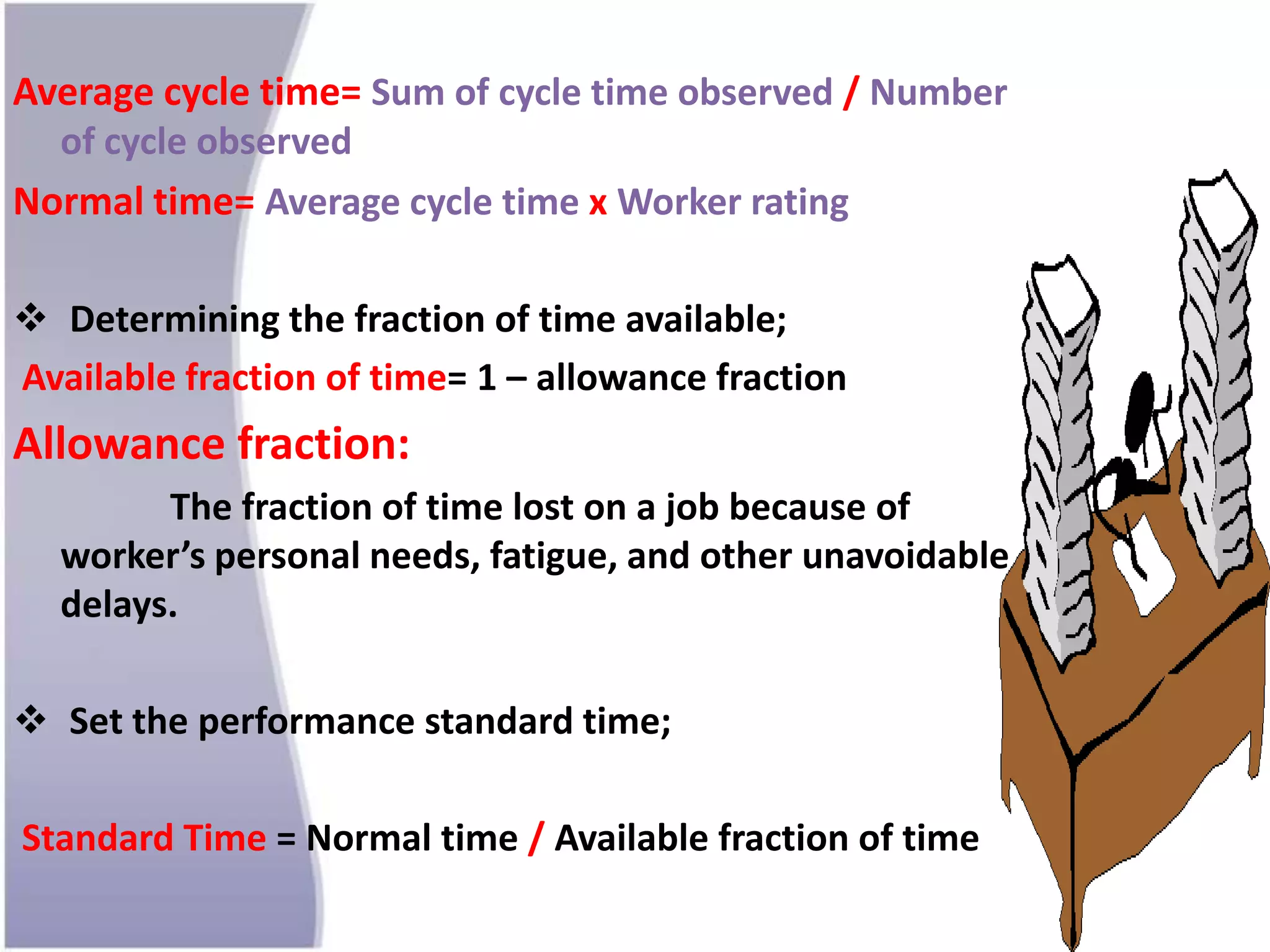 Average cycle time= Sum of cycle time observed / Number
of cycle observed
Normal time= Average cycle time x Worker rating
 Determining the fraction of time available;
Available fraction of time= 1 – allowance fraction
Allowance fraction:
The fraction of time lost on a job because of
worker’s personal needs, fatigue, and other unavoidable
delays.
 Set the performance standard time;
Standard Time = Normal time / Available fraction of time
 