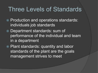 Three Levels of Standards
 Production and operations standards:
  individuals job standards
 Department standards: sum of
  performance of the individual and team
  in a department
 Plant standards: quantity and labor
  standards of the plant are the goals
  management strives to meet
 