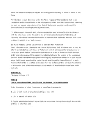 which has been awarded to or may be due to any person residing or about to reside in any
State :


Provided that no sum deposited under this Act in respect of fatal accidents shall be so
transferred without the consent of the employer concerned until the Commissioner receiving
the sum has passed orders determining its distribution and apportionment under the
provisions of sub-sections (4) and (5) of section 8.


(2) Where money deposited with a Commissioner has been so transferred in accordance
with the rules made under this section the provisions elsewhere contained in this Act
regarding distribution by the Commissioner of compensation deposited with him shall cease
to apply in respect of any such money.


36. Rules made by Central Government to be laid before Parliament
Every rule made under this Act by the Central Government shall be laid as soon as may be
after it is made before each House of Parliament while it is in session for a total period of
thirty days which may be comprised in one session or in two or more successive sessions
and if before the expiry of the session immediately following the session of the successive
sessions aforesaid both Houses agree in making any modification in the rule or both Houses
agree that the rule should not be made the rule shall thereafter have effect only in such
modified form or be of no effect as the case may be; so however that any such modification
or annulment shall be without prejudice to the validity of anything previously done under
that rule.


SCHEDULE I
[Sections 2(1) and (4)]


PART I
List Of Injuries Deemed To Result In Permanent Total Disablement


S.No. Description of injury Percentage of loss of earning capacity


1. Loss of both hands or amputation at higher sites 100


2. Loss of a hand and a foot 100


3. Double amputation through leg or thigh, or amputation through leg or thigh on one side
and loss of other foot 100
 