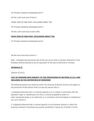 43 Through metatarso-phalangeal joint 5


44 Part ,with some loss of bone 1


THREE TOES OF ONE FOOT, EXCLUDING GREAT TOE


45 Through metatarso-phalangeal joint 6


46 Part, with some loss of bone 3WX


FOUR TOES OF ONE FOOT, EXCLUDING GREAT TOE


47 Through metatarso-phalangeal joint 9




48 Part with some loss of bone 3


Note : Complete and permanent loss of the use of any limb or member referred to in the
Schedule shall be deemed to be the equivalent of the loss of that limb or member.


SCHEDULE II


[Section 2(1)(n)]


LIST OF PERSONS WHO SUBJECT TO THE PROVISIONS OF SECTION 2(1)(n) ARE
INCLUDED IN THE DEFINITION OF WORKMEN


The following persons are workmen within the meaning of Section 2(1)(n) and subject to
the provisions of that section that is to say any person who is -


1.employed otherwise than in a clerical capacity or on a railway in connection with the
operation repair or maintenance of a lift or a vehicle propelled by steam or
other mechanical power or by electricity or in connection with the loading or unloading of
any such vehicle or


2. employed otherwise than in clerical capacity in any premises wherein or within the
precincts whereof a manufacturing process as defined in clause (k) of section 2 of the
 