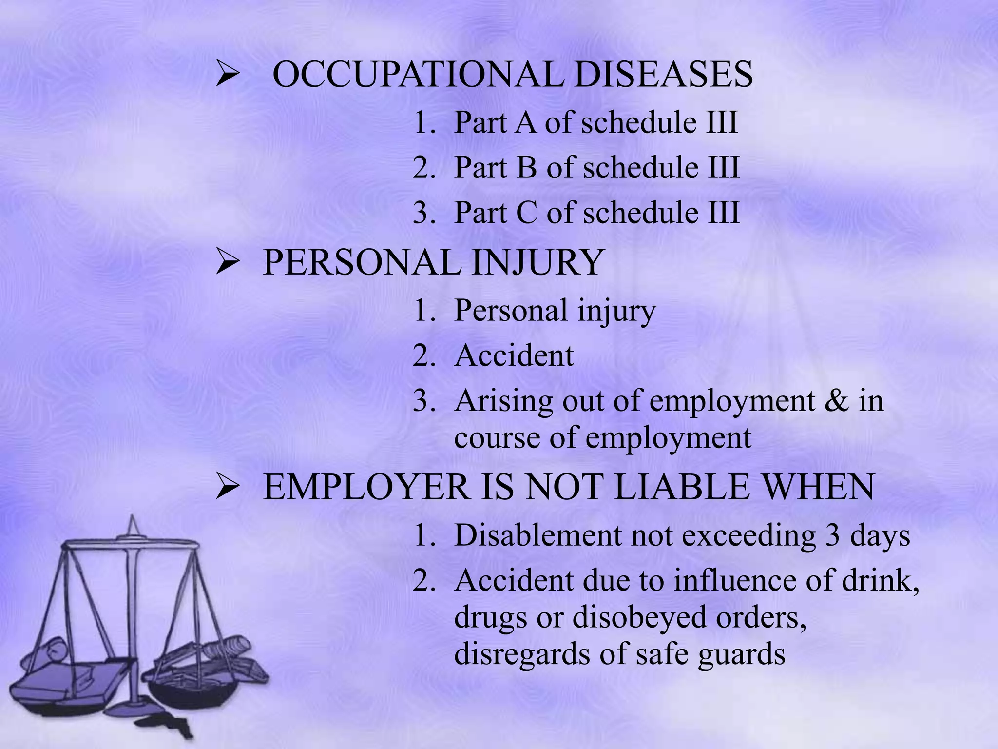 OCCUPATIONAL DISEASES Part A of schedule III Part B of schedule III Part C of schedule III PERSONAL INJURY Personal injury Accident Arising out of employment & in course of employment EMPLOYER IS NOT LIABLE WHEN Disablement not exceeding 3 days Accident due to influence of drink, drugs or disobeyed orders, disregards of safe guards 
