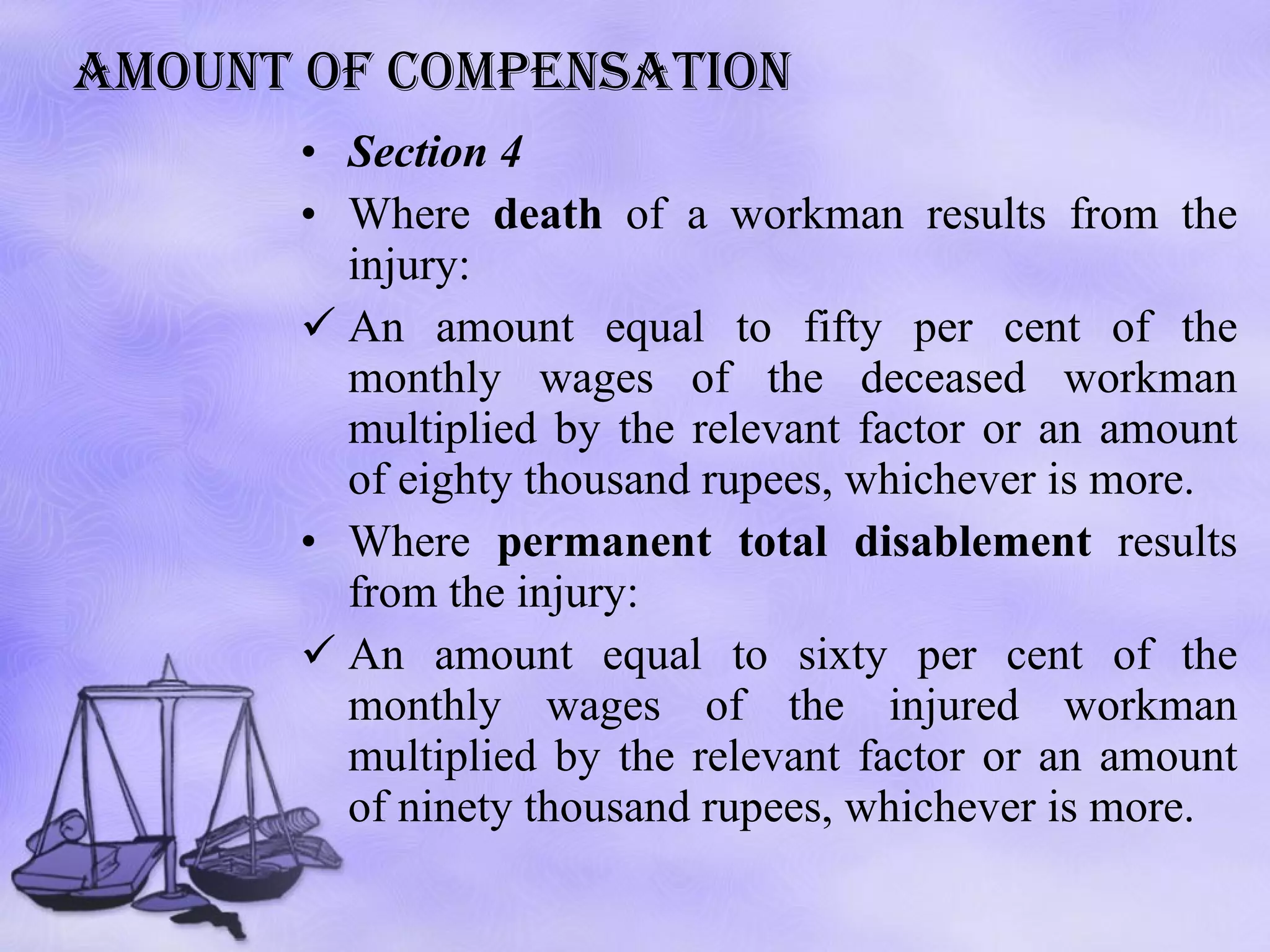 Amount of compensation Section 4 Where  death  of a workman results from the injury: An amount equal to fifty per cent of the monthly wages of the deceased workman multiplied by the relevant factor or an amount of eighty thousand rupees, whichever is more. Where  permanent total disablement  results from the injury: An amount equal to sixty per cent of the monthly wages of the injured workman multiplied by the relevant factor or an amount of ninety thousand rupees, whichever is more. 
