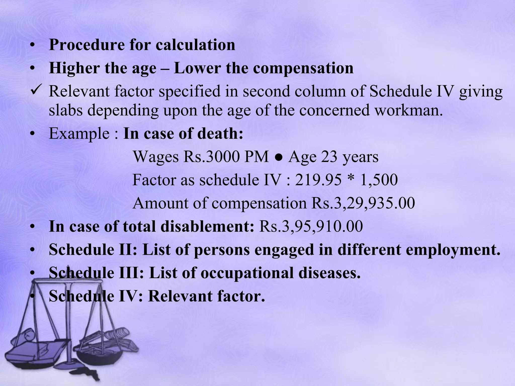 Procedure for calculation Higher the age – Lower the compensation Relevant factor specified in second column of Schedule IV giving slabs depending upon the age of the concerned workman. Example :  In case of death: Wages Rs.3000 PM ● Age 23 years Factor as schedule IV : 219.95 * 1,500 Amount of compensation Rs.3,29,935.00 In case of total disablement:  Rs.3,95,910.00 Schedule II: List of persons engaged in different employment. Schedule III: List of occupational diseases. Schedule IV: Relevant factor. 