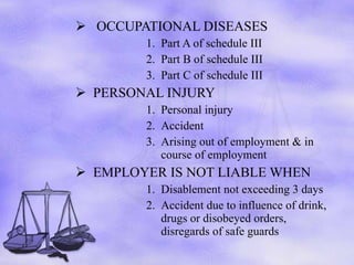 OCCUPATIONAL DISEASES Part A of schedule III Part B of schedule III Part C of schedule III PERSONAL INJURY Personal injury Accident Arising out of employment & in course of employment EMPLOYER IS NOT LIABLE WHEN Disablement not exceeding 3 days Accident due to influence of drink, drugs or disobeyed orders, disregards of safe guards 