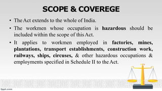 SCOPE & COVEREGE
• TheAct extends to the whole of India.
• The workmen whose occupation is hazardous should be
included within the scope of thisAct.
• It applies to workmen employed in factories, mines,
plantations, transport establishments, construction work,
railways, ships, circuses, & other hazardous occupations &
employments specified in Schedule II to theAct.
 