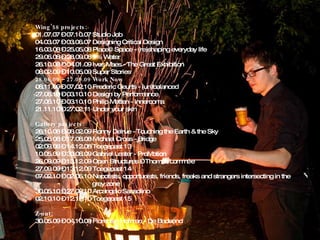 Wing’58 projects: 01.07.07 – 07.10.07 Studio Job 04.03.07 – 03.06.07 Designing Critical Design 16.03.08 – 25.05.08 Place@Space - (re)shaping everyday life 29.06.08 – 28.09.08 1% Water 26.10.08 – 04.01.09 Ives Maes - The Great Exhibition 08.02.09 – 10.05.09 Super Stories 28.06.09 – 27.09.09 Work Now 08.11.09 – 07.02.10 Frederic Geurts - (un)balanced 27.06.10 – 03.10.10 Design by Performance 27.06.10 – 03.10.10 Philip Metten - Innercoma 21.11.10 – 27.02.11 Under your skin Gallery projects: 26.10.08 – 08.02.09 Ronny Delrue - Touching the Earth & the Sky 25.05.08 – 17.08.08 Michael Cross - Bridge 02.09.08 – 14.12.08 Toegepast 13 10.05.09 – 30.08.09 Gabriel Lester - ProMotion  26.09.09 – 13.12.09 Open Structures – Thomas Lommée 27.09.09 – 13.12.09 Toegepast 14 07.02.10 – 02.05.10 Nepotists, opportunists, friends, freaks and strangers intersecting in the    grey zone 30.05.10 – 27.08.10 Arcangelo Sassolino 02.10.10 – 12.12.10 Toegepast 15 Z-out: 30.05.09 – 04.10.09 Florentijn Hofman - De Badeend 