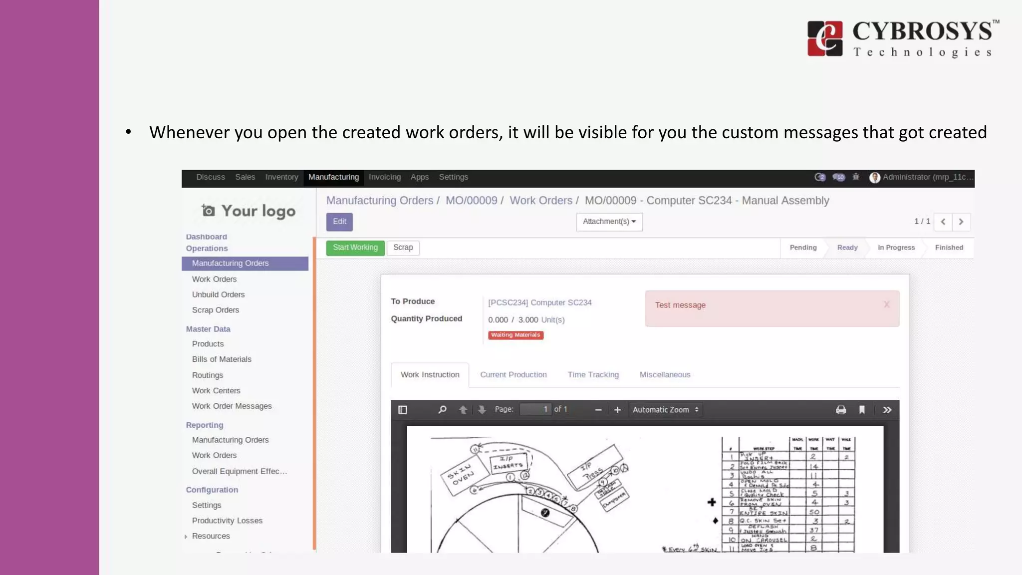 • Whenever you open the created work orders, it will be visible for you the custom messages that got created
 