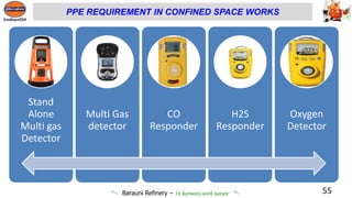 Barauni Refinery – In harmony with nature 55
PPE REQUIREMENT IN CONFINED SPACE WORKS
Stand
Alone
Multi gas
Detector
Multi Gas
detector
CO
Responder
H2S
Responder
Oxygen
Detector
 