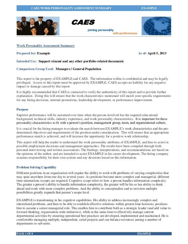 caes example of a work personality summary