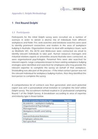111
Appendix C. Delphi Methodology
1 First Round Delphi
1.1 Participants
Participants for the initial Delphi survey were recruited via a number of
avenues in order to obtain a diverse mix of individuals from different
workplaces and fields. First, web searches and database searches were used
to identify prominent researchers and leaders in the area of workplace
bullying in Australia. Organisations known to deal with workplace issues, such
as WorkSafe VIC, the ACTU and Workcover were contacted via email to
identify relevant individuals to take part. Human resources managers and
industrial relations experts at universities around Australia were contacted, as
were organisational psychologists. Personnel firms were also searched for
relevant experts. Large companies known to have existing workplace bullying
strategies were identified and searched for employees who may provide the
relevant expertise to complete the survey on behalf of their workplace.
Snowballing was also part of this process – if the initial contact person was not
the relevant individual for workplace bullying matters, then they identified the
best person to complete the survey.
A comprehensive list of contacts was then generated, and each potential
expert was sent a personalised email invitation to complete the brief online
Delphi survey. This recruitment method resulted in 22 professional completing
Round 1 of the Delphi Survey. A breakdown according to area of expertise
and industry type is shown below:
Area of expertise/industry type Number
Academic – workplace bullying 6
Organisational Psychologist 4
Management 3
Workplace Health and Safety 3
Law 2
Human/Industrial Relations 2
Employee advocate 1
Not specified 1
 