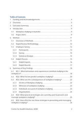 Centre for Health Initiatives, UOW 2
Table of Contents
1 Funding and Acknowledgements......................................................................4
2 Overview ................................................................................................................5
3 Executive Summary...............................................................................................6
4 Introduction............................................................................................................9
4.1 Workplace Bullying in Australia ....................................................................9
4.2 Project Aims.....................................................................................................9
5 Method .................................................................................................................11
5.1 Overview of Methods ..................................................................................11
5.2 Rapid Review Methodology.......................................................................12
5.3 Employee Survey..........................................................................................13
5.3.1 Participants.............................................................................................13
5.3.2 Survey ......................................................................................................14
5.3.3 Statistical Analysis ..................................................................................14
5.4 Delphi Process...............................................................................................15
5.4.1 Delphi Experts.........................................................................................16
5.4.2 Delphi Rounds ........................................................................................17
6 Summary of Key Findings ...................................................................................18
6.1 RQ 1: What behaviours and experiences constitute bullying in the
workplace?..............................................................................................................18
6.2 RQ2: What factors predict workplace bullying? .....................................20
6.3 RQ3: What are the consequences of workplace bullying? ..................22
6.3.1 Victims of Workplace Bullying..............................................................22
6.3.2 Witnesses of workplace bullying..........................................................23
6.3.3 Individuals accused of workplace bullying.......................................23
6.3.4 Organisations .........................................................................................24
6.4 RQ4: What practical strategies are currently used to prevent and
manage workplace bullying? ..............................................................................25
6.5 RQ5: How effective are these strategies in preventing and managing
workplace bullying?...............................................................................................26
 