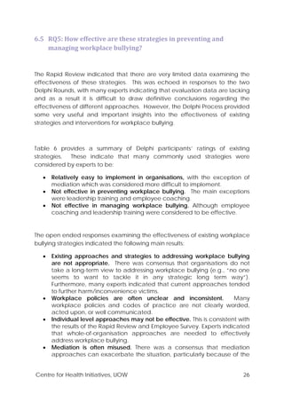Centre for Health Initiatives, UOW 26
6.5 RQ5: How effective are these strategies in preventing and
managing workplace bullying?
The Rapid Review indicated that there are very limited data examining the
effectiveness of these strategies. This was echoed in responses to the two
Delphi Rounds, with many experts indicating that evaluation data are lacking
and as a result it is difficult to draw definitive conclusions regarding the
effectiveness of different approaches. However, the Delphi Process provided
some very useful and important insights into the effectiveness of existing
strategies and interventions for workplace bullying.
Table 6 provides a summary of Delphi participants’ ratings of existing
strategies. These indicate that many commonly used strategies were
considered by experts to be:
• Relatively easy to implement in organisations, with the exception of
mediation which was considered more difficult to implement.
• Not effective in preventing workplace bullying. The main exceptions
were leadership training and employee coaching.
• Not effective in managing workplace bullying. Although employee
coaching and leadership training were considered to be effective.
The open ended responses examining the effectiveness of existing workplace
bullying strategies indicated the following main results:
• Existing approaches and strategies to addressing workplace bullying
are not appropriate. There was consensus that organisations do not
take a long-term view to addressing workplace bullying (e.g., “no one
seems to want to tackle it in any strategic long term way”).
Furthermore, many experts indicated that current approaches tended
to further harm/inconvenience victims.
• Workplace policies are often unclear and inconsistent. Many
workplace policies and codes of practice are not clearly worded,
acted upon, or well communicated.
• Individual level approaches may not be effective. This is consistent with
the results of the Rapid Review and Employee Survey. Experts indicated
that whole-of-organisation approaches are needed to effectively
address workplace bullying.
• Mediation is often misused. There was a consensus that mediation
approaches can exacerbate the situation, particularly because of the
 