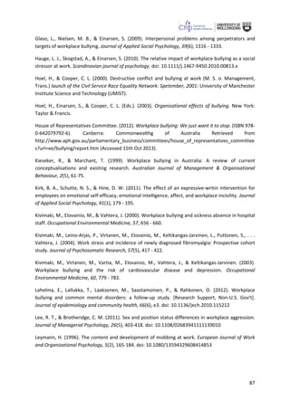 87
Glaso, L., Nielsen, M. B., & Einarsen, S. (2009). Interpersonal problems among perpetrators and
targets of workplace bullying. Journal of Applied Social Psychology, 39(6), 1316 - 1333.
Hauge, L. J., Skogstad, A., & Einarsen, S. (2010). The relative impact of workplace bullying as a social
stressor at work. Scandinavian journal of psychology. doi: 10.1111/j.1467-9450.2010.00813.x
Hoel, H., & Cooper, C. L. (2000). Destructive conflict and bullying at work (M. S. o. Management,
Trans.) launch of the Civil Service Race Equality Network: Spetember, 2001: University of Manchester
Institute Science and Technology (UMIST).
Hoel, H., Einarsen, S., & Cooper, C. L. (Eds.). (2003). Organisational effects of bullying. New York:
Taylor & Francis.
House of Representatives Committee. (2012). Workplace bullying: We just want it to stop. (ISBN 978-
0-642079792-6). Canberra: Commonwealthg of Australia Retrieved from
http://www.aph.gov.au/parliamentary_business/committees/house_of_representatives_committee
s?url=ee/bullying/report.htm (Accessed 15th Oct 2013).
Kieseker, R., & Marchant, T. (1999). Workplace bullying in Australia: A review of current
conceptualisations and existing research. Australian Journal of Management & Organisational
Behaviour, 2(5), 61-75.
Kirk, B. A., Schutte, N. S., & Hine, D. W. (2011). The effect of an expressive-writin intervention for
employees on emotional self-efficacy, emotional intelligence, affect, and workplace incivility. Journal
of Applied Social Psychology, 41(1), 179 - 195.
Kivimaki, M., Elovainio, M., & Vahtera, J. (2000). Workplace bullying and sickness absence in hospital
staff. Occupational Environmental Medicine, 57, 656 - 660.
Kivimaki, M., Leino-Arjas, P., Virtanen, M., Elovainio, M., Keltikangas-Jarvinen, L., Puttonen, S., . . .
Vahtera, J. (2004). Work stress and incidence of newly diagnosed fibromyalgia: Prospective cohort
study. Journal of Psychosomatic Research, 57(5), 417 - 422.
Kivimaki, M., Virtanen, M., Vartia, M., Elovainio, M., Vahtera, J., & Keltikangas-Jarvinen. (2003).
Workplace bullying and the risk of cardiovascular disease and depression. Occupational
Environmental Medicine, 60, 779 - 783.
Lahelma, E., Lallukka, T., Laaksonen, M., Saastamoinen, P., & Rahkonen, O. (2012). Workplace
bullying and common mental disorders: a follow-up study. [Research Support, Non-U.S. Gov't].
Journal of epidemiology and community health, 66(6), e3. doi: 10.1136/jech.2010.115212
Lee, R. T., & Brotheridge, C. M. (2011). Sex and position status differences in workplace aggression.
Journal of Managerial Psychology, 26(5), 403-418. doi: 10.1108/02683941111139010
Leymann, H. (1996). The content and development of mobbing at work. European Journal of Work
and Organizational Psychology, 5(2), 165-184. doi: 10.1080/13594329608414853
 