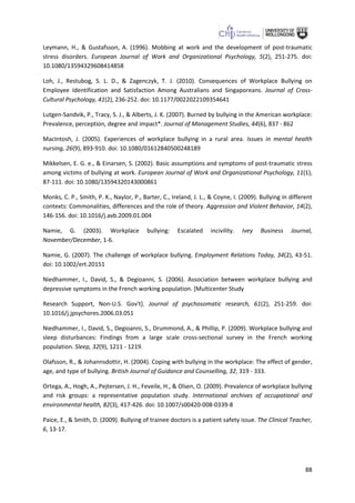 88
Leymann, H., & Gustafsson, A. (1996). Mobbing at work and the development of post-traumatic
stress disorders. European Journal of Work and Organizational Psychology, 5(2), 251-275. doi:
10.1080/13594329608414858
Loh, J., Restubog, S. L. D., & Zagenczyk, T. J. (2010). Consequences of Workplace Bullying on
Employee Identification and Satisfaction Among Australians and Singaporeans. Journal of Cross-
Cultural Psychology, 41(2), 236-252. doi: 10.1177/0022022109354641
Lutgen-Sandvik, P., Tracy, S. J., & Alberts, J. K. (2007). Burned by bullying in the American workplace:
Prevalence, perception, degree and impact*. Journal of Management Studies, 44(6), 837 - 862
MacIntosh, J. (2005). Experiences of workplace bullying in a rural area. Issues in mental health
nursing, 26(9), 893-910. doi: 10.1080/01612840500248189
Mikkelsen, E. G. e., & Einarsen, S. (2002). Basic assumptions and symptoms of post-traumatic stress
among victims of bullying at work. European Journal of Work and Organizational Psychology, 11(1),
87-111. doi: 10.1080/13594320143000861
Monks, C. P., Smith, P. K., Naylor, P., Barter, C., Ireland, J. L., & Coyne, I. (2009). Bullying in different
contexts: Commonalities, differences and the role of theory. Aggression and Violent Behavior, 14(2),
146-156. doi: 10.1016/j.avb.2009.01.004
Namie, G. (2003). Workplace bullying: Escalated incivility. Ivey Business Journal,
November/December, 1-6.
Namie, G. (2007). The challenge of workplace bullying. Employment Relations Today, 34(2), 43-51.
doi: 10.1002/ert.20151
Niedhammer, I., David, S., & Degioanni, S. (2006). Association between workplace bullying and
depressive symptoms in the French working population. [Multicenter Study
Research Support, Non-U.S. Gov't]. Journal of psychosomatic research, 61(2), 251-259. doi:
10.1016/j.jpsychores.2006.03.051
Niedhammer, I., David, S., Degioanni, S., Drummond, A., & Phillip, P. (2009). Workplace bullying and
sleep disturbances: Findings from a large scale cross-sectional survey in the French working
population. Sleep, 32(9), 1211 - 1219.
Olafsson, R., & Johannsdottir, H. (2004). Coping with bullying in the workplace: The effect of gender,
age, and type of bullying. British Journal of Guidance and Counselling, 32, 319 - 333.
Ortega, A., Hogh, A., Pejtersen, J. H., Feveile, H., & Olsen, O. (2009). Prevalence of workplace bullying
and risk groups: a representative population study. International archives of occupational and
environmental health, 82(3), 417-426. doi: 10.1007/s00420-008-0339-8
Paice, E., & Smith, D. (2009). Bullying of trainee doctors is a patient safety issue. The Clinical Teacher,
6, 13-17.
 