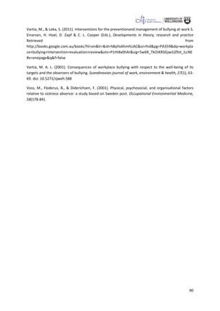 90
Vartia, M., & Leka, S. (2011). Interventions for the preventionand management of bullying at work S.
Einarsen, H. Hoel, D. Zapf & C. L. Cooper (Eds.), Developments in theory, research and practice
Retrieved from
http://books.google.com.au/books?hl=en&lr=&id=h8qYxAhmhUAC&oi=fnd&pg=PA359&dq=workpla
ce+bullying+intervention+evaluation+review&ots=P1HtBx0hAr&sig=5w6R_TkOJKRSGjwiUZfot_iLcNE
#v=onepage&q&f=false
Vartia, M. A. L. (2001). Consequences of workplace bullying with respect to the well-being of its
targets and the observers of bullying. Scandinavian journal of work, environment & health, 27(1), 63-
69. doi: 10.5271/sjweh.588
Voss, M., Floderus, B., & Diderichsen, F. (2001). Physical, psychosocial, and organisational factors
relative to sickness absence: a study based on Sweden post. Occupational Environmental Medicine,
58(178-84).
 