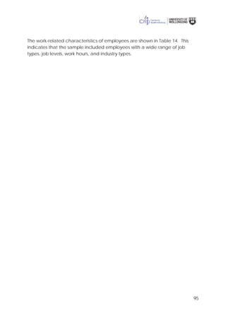 95
The work-related characteristics of employees are shown in Table 14. This
indicates that the sample included employees with a wide range of job
types, job levels, work hours, and industry types.
 